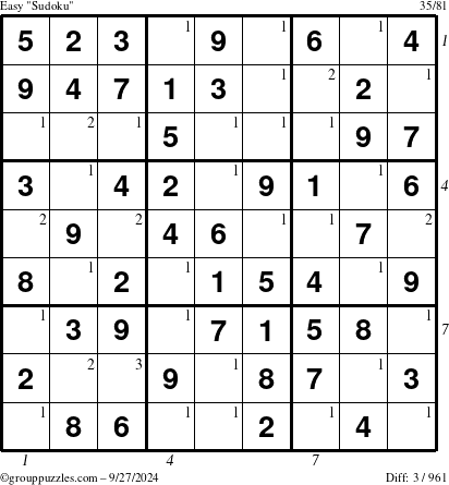 The grouppuzzles.com Easy Sudoku puzzle for Friday September 27, 2024, suitable for printing, with all 3 steps marked