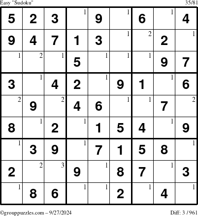 The grouppuzzles.com Easy Sudoku puzzle for Friday September 27, 2024 with the first 3 steps marked