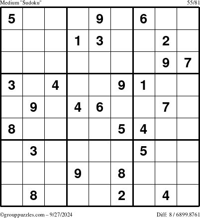 The grouppuzzles.com Medium Sudoku puzzle for Friday September 27, 2024