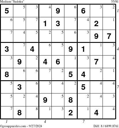 The grouppuzzles.com Medium Sudoku puzzle for Friday September 27, 2024, suitable for printing, with all 8 steps marked