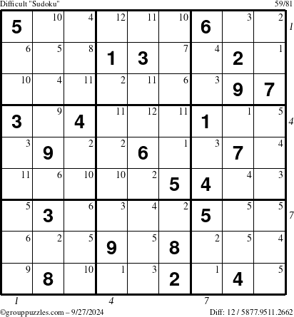 The grouppuzzles.com Difficult Sudoku puzzle for Friday September 27, 2024 with all 12 steps marked