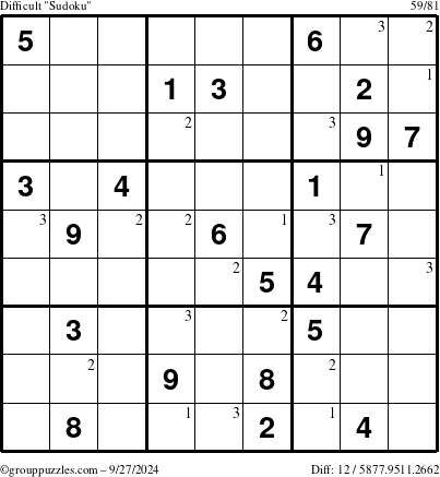 The grouppuzzles.com Difficult Sudoku puzzle for Friday September 27, 2024 with the first 3 steps marked