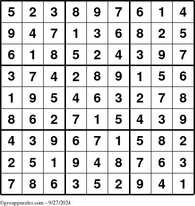 The grouppuzzles.com Answer grid for the Sudoku puzzle for Friday September 27, 2024