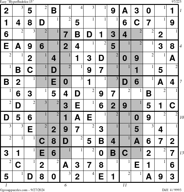 The grouppuzzles.com Easy HyperSudoku-15 puzzle for Friday September 27, 2024, suitable for printing, with all 4 steps marked