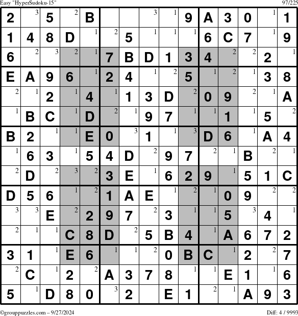 The grouppuzzles.com Easy HyperSudoku-15 puzzle for Friday September 27, 2024 with the first 3 steps marked