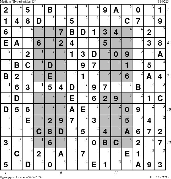 The grouppuzzles.com Medium HyperSudoku-15 puzzle for Friday September 27, 2024, suitable for printing, with all 5 steps marked