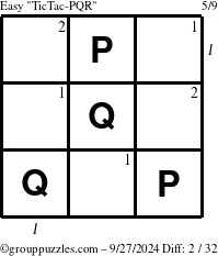 The grouppuzzles.com Easy TicTac-PQR puzzle for Friday September 27, 2024, suitable for printing, with all 2 steps marked