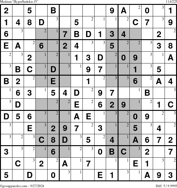 The grouppuzzles.com Medium HyperSudoku-15 puzzle for Friday September 27, 2024 with the first 3 steps marked