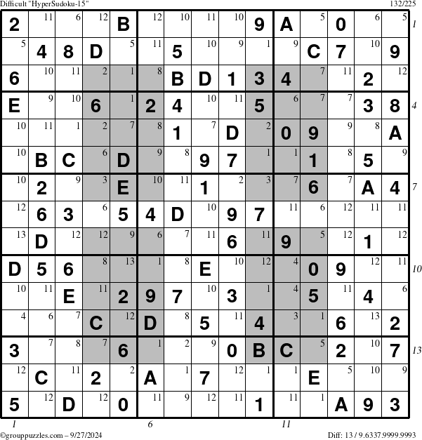 The grouppuzzles.com Difficult HyperSudoku-15 puzzle for Friday September 27, 2024, suitable for printing, with all 13 steps marked