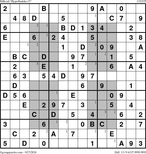 The grouppuzzles.com Difficult HyperSudoku-15 puzzle for Friday September 27, 2024 with the first 3 steps marked