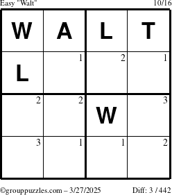The grouppuzzles.com Easy Walt puzzle for Thursday March 27, 2025 with the first 3 steps marked