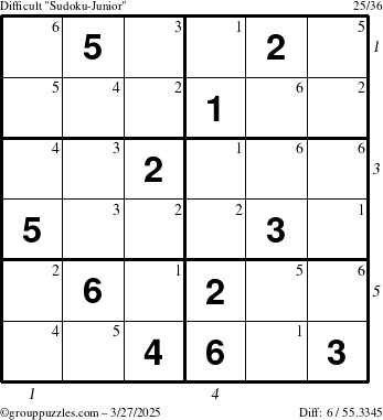 The grouppuzzles.com Difficult Sudoku-Junior puzzle for Thursday March 27, 2025 with all 6 steps marked