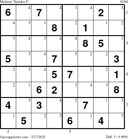 The grouppuzzles.com Medium Sudoku-8 puzzle for Thursday March 27, 2025, suitable for printing, with all 5 steps marked