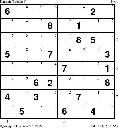 The grouppuzzles.com Difficult Sudoku-8 puzzle for Thursday March 27, 2025 with all 9 steps marked