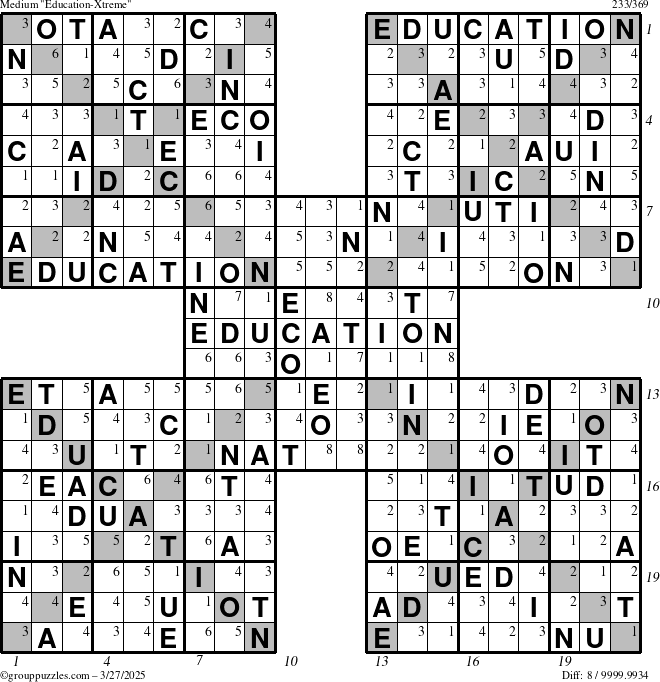 The grouppuzzles.com Medium Education-Xtreme puzzle for Thursday March 27, 2025, suitable for printing, with all 8 steps marked