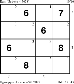 The grouppuzzles.com Easy Sudoku-4-5678 puzzle for Monday September 1, 2025 with all 3 steps marked