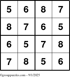 The grouppuzzles.com Answer grid for the Sudoku-4-5678 puzzle for Monday September 1, 2025
