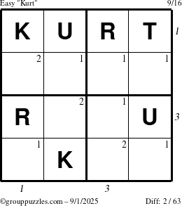 The grouppuzzles.com Easy Kurt puzzle for Monday September 1, 2025 with all 2 steps marked