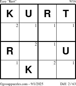 The grouppuzzles.com Easy Kurt puzzle for Monday September 1, 2025 with the first 2 steps marked