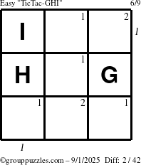 The grouppuzzles.com Easy TicTac-GHI puzzle for Monday September 1, 2025 with all 2 steps marked