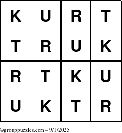 The grouppuzzles.com Answer grid for the Kurt puzzle for Monday September 1, 2025