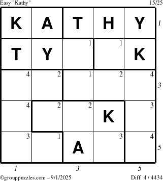 The grouppuzzles.com Easy Kathy puzzle for Monday September 1, 2025 with all 4 steps marked