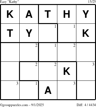 The grouppuzzles.com Easy Kathy puzzle for Monday September 1, 2025 with the first 3 steps marked