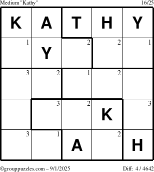 The grouppuzzles.com Medium Kathy puzzle for Monday September 1, 2025 with the first 3 steps marked