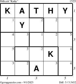 The grouppuzzles.com Difficult Kathy puzzle for Monday September 1, 2025 with all 5 steps marked