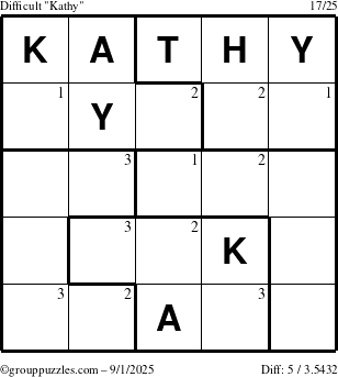 The grouppuzzles.com Difficult Kathy puzzle for Monday September 1, 2025 with the first 3 steps marked
