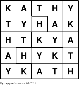 The grouppuzzles.com Answer grid for the Kathy puzzle for Monday September 1, 2025