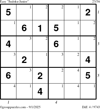 The grouppuzzles.com Easy Sudoku-Junior puzzle for Monday September 1, 2025 with all 4 steps marked