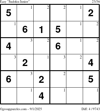 The grouppuzzles.com Easy Sudoku-Junior puzzle for Monday September 1, 2025 with the first 3 steps marked