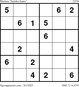 The grouppuzzles.com Medium Sudoku-Junior puzzle for Monday September 1, 2025