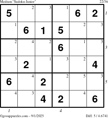 The grouppuzzles.com Medium Sudoku-Junior puzzle for Monday September 1, 2025 with all 5 steps marked