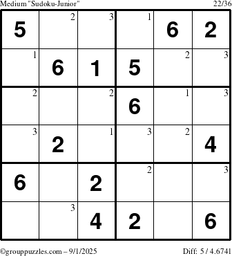 The grouppuzzles.com Medium Sudoku-Junior puzzle for Monday September 1, 2025 with the first 3 steps marked
