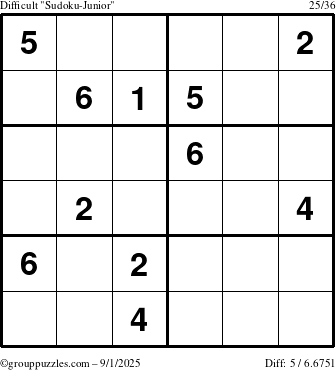 The grouppuzzles.com Difficult Sudoku-Junior puzzle for Monday September 1, 2025