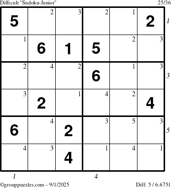 The grouppuzzles.com Difficult Sudoku-Junior puzzle for Monday September 1, 2025 with all 5 steps marked