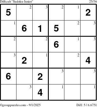 The grouppuzzles.com Difficult Sudoku-Junior puzzle for Monday September 1, 2025 with the first 3 steps marked