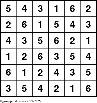 The grouppuzzles.com Answer grid for the Sudoku-Junior puzzle for Monday September 1, 2025