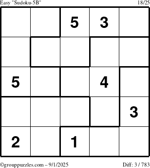 The grouppuzzles.com Easy Sudoku-5B puzzle for Monday September 1, 2025