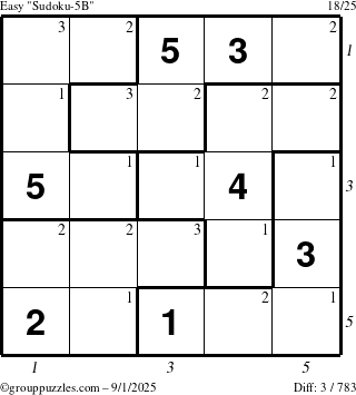 The grouppuzzles.com Easy Sudoku-5B puzzle for Monday September 1, 2025 with all 3 steps marked