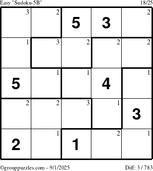 The grouppuzzles.com Easy Sudoku-5B puzzle for Monday September 1, 2025 with the first 3 steps marked