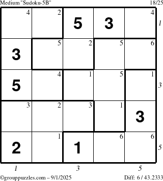 The grouppuzzles.com Medium Sudoku-5B puzzle for Monday September 1, 2025, suitable for printing, with all 6 steps marked