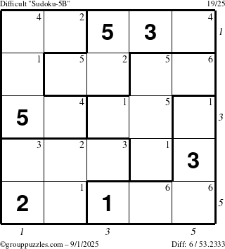 The grouppuzzles.com Difficult Sudoku-5B puzzle for Monday September 1, 2025 with all 6 steps marked