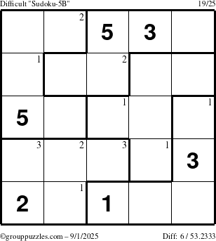 The grouppuzzles.com Difficult Sudoku-5B puzzle for Monday September 1, 2025 with the first 3 steps marked