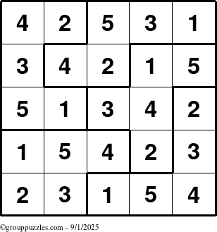 The grouppuzzles.com Answer grid for the Sudoku-5B puzzle for Monday September 1, 2025