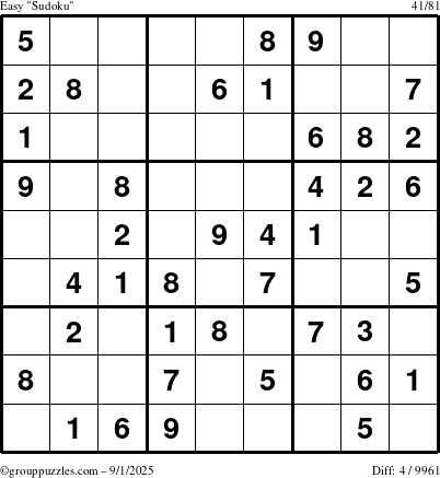 The grouppuzzles.com Easy Sudoku puzzle for Monday September 1, 2025