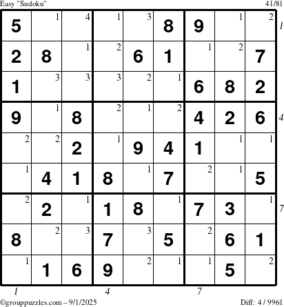 The grouppuzzles.com Easy Sudoku puzzle for Monday September 1, 2025 with all 4 steps marked