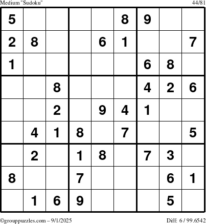 The grouppuzzles.com Medium Sudoku puzzle for Monday September 1, 2025